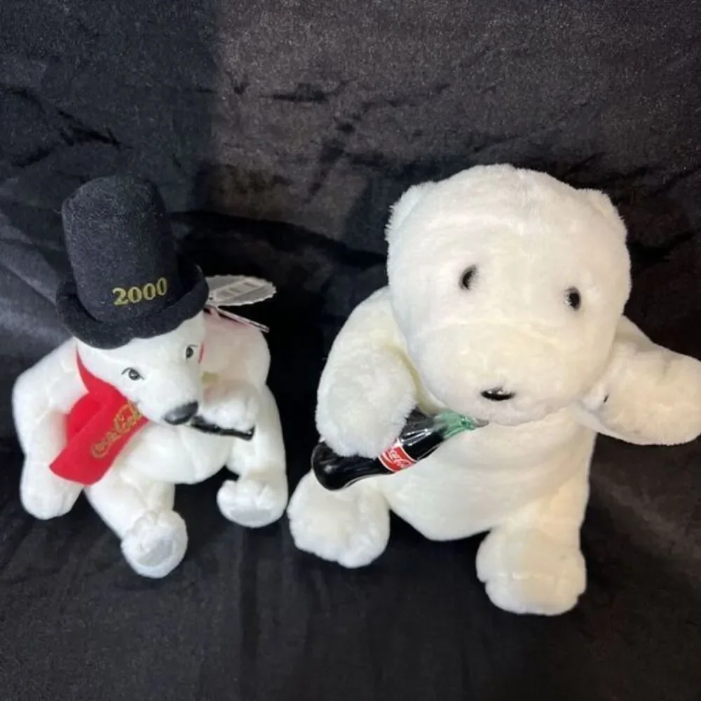 coca cola. vintage ‎ BRAND Plush Polar Bears with scarf both holding bottles